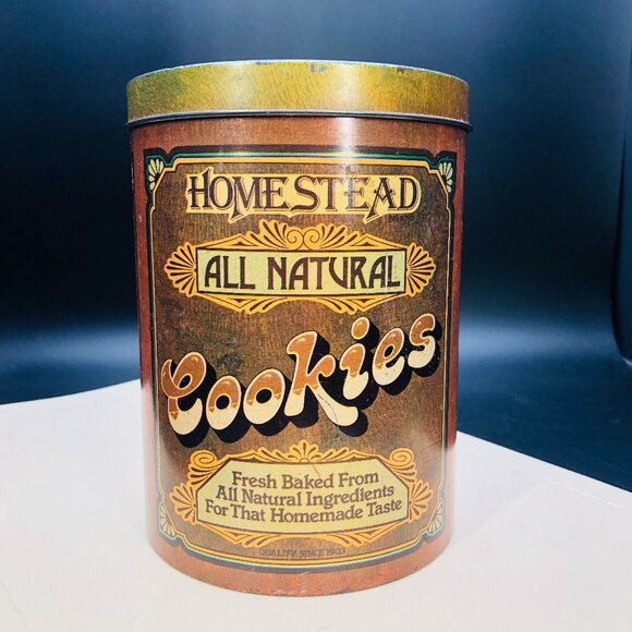 Vintage CHEINCO Homestead All Natural Cookies Tin Jar: 70s Kitchen Decor - Picture 1 of 12